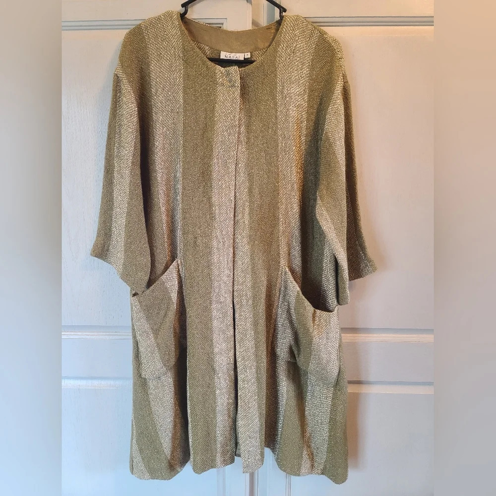 MASAI Janette Sage Green Boucle Jacket Stripe Pockets Long Cardigan